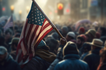 American Flag Waves Proudly in a Protest Rallyの素材