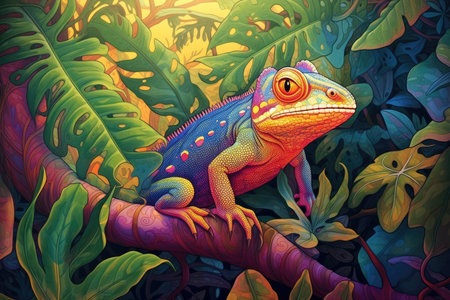 Colorful Gecko Illustration in its Natural Jungle Habitatの素材