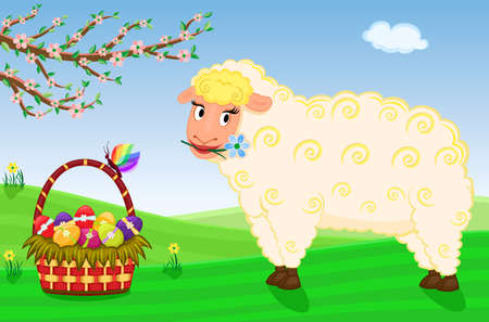 Easter basket and cute sheep on the farm - EPS AI8のイラスト素材