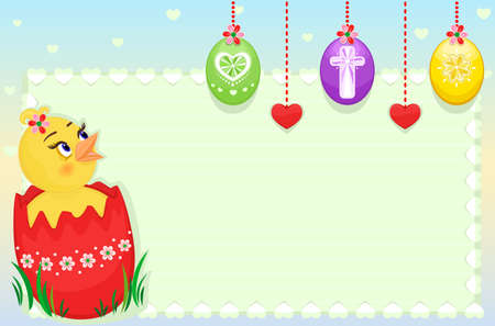 Easter greeting card with cute chick and painted eggs. With room for your text.のイラスト素材