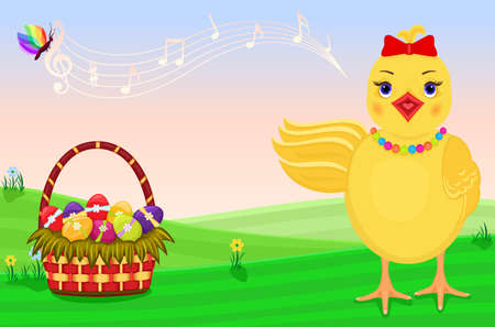 Cute chick singing for the celebration of Easter. のイラスト素材