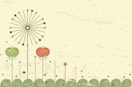 Retro greeting card with flowers and dandelion. With room for your text. Suitable as background for thank you notes  and invitations. All elements layered and grouped. のイラスト素材