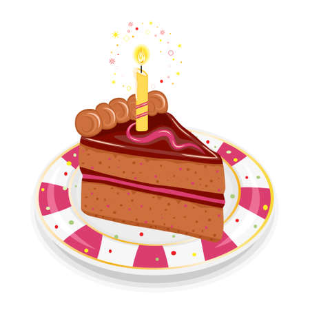 Festive birthday chocolate cake with golden candle. Isolated on white background. のイラスト素材