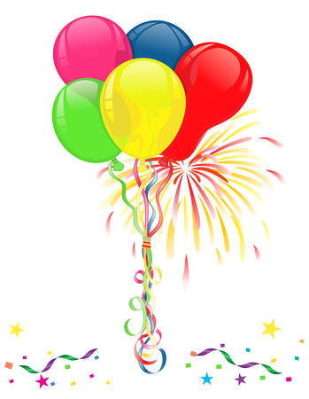 Colorful balloons, fireworks and confetti for parties and celebrations. Isolated over white background. Vector file saved as AI8, no effects, easy printing. のイラスト素材