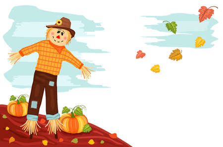 Autumn harvesting with cute scarecrow and pumpkins. AI 8, no effects, no filters, easy printing. のイラスト素材