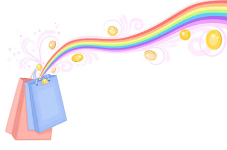 Treasure at the end of the rainbow - shopping bags with gold coins. Isolated over white background. のイラスト素材