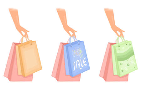 Woman holding shopping bags - set of three icons. Isolated over white background.  のイラスト素材
