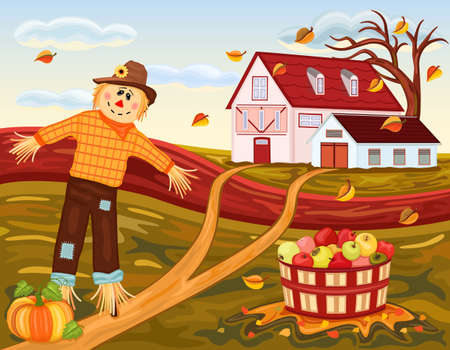 Beautiful autumn landscape at the farm. With cute scarecrow, tasty pumpkin and apples harvest. Vector illustration saved as EPS AI 8, all elements grouped, layered, no effects, easy print. のイラスト素材