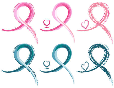 Set of six breast cancer and ovarian cancer ribbons in watercolour. With female gender symbol. Isolated over white backround.のイラスト素材