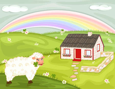 Saint Patrick celebration with old thatched Irish cottage, lucky shamrock and cute sheep. のイラスト素材