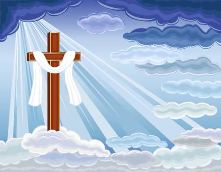 Easter religious card with the resurrection of hope and golden cross. Over blue sky. のイラスト素材
