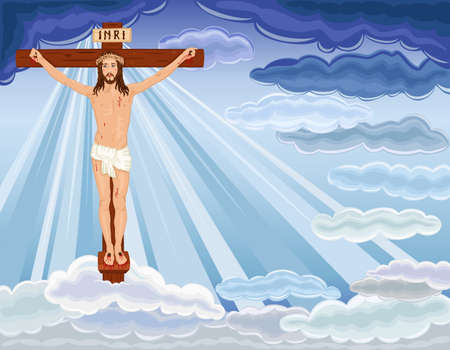 Crucifixion and resurrection of Jesus Christ on the cross. Over blue sky. のイラスト素材