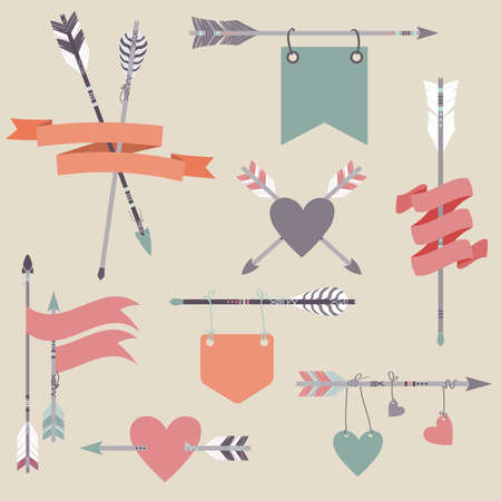 Vector set with ethnic arrows, ribbons, flags, heartsのイラスト素材