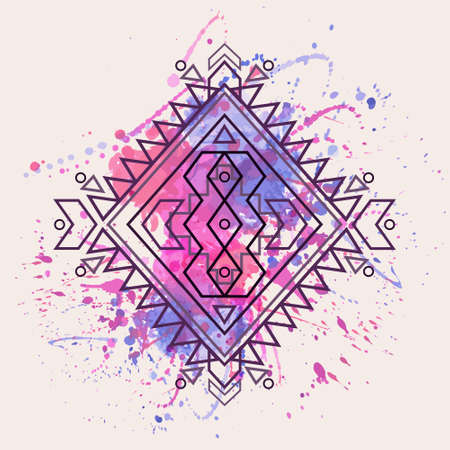 Vector decorative ethnic pattern with watercolor splashのイラスト素材