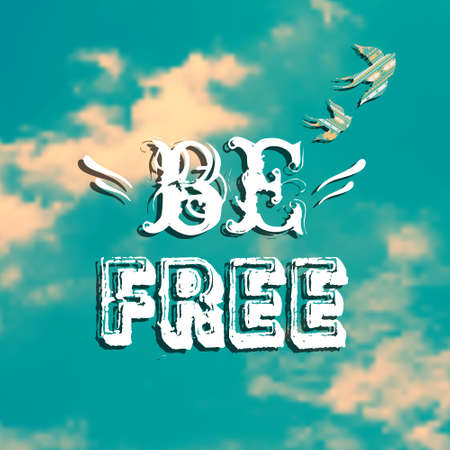 Vector illustration with blue sky, swallows and phrase "Be free"のイラスト素材