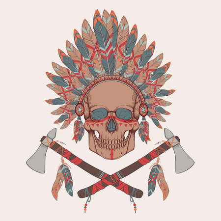 Vector illustration of human skull in native american indian chief headdress, tomahawks