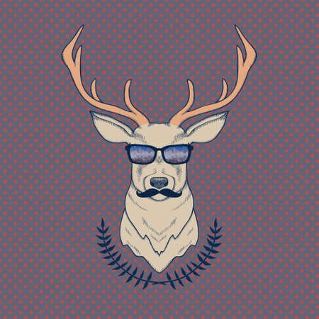 Vector hand drawn colorful illustration of hipster deer with mustaches and glassesのイラスト素材