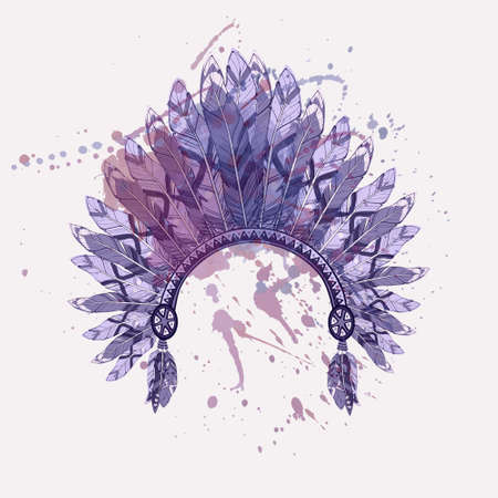 Vector illustration of native american indian chief headdress with feathers on watercolor splash backgroundのイラスト素材