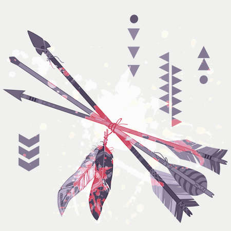 Vector grunge illustration of different ethnic arrows with feathers and splashのイラスト素材