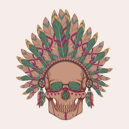 Vector illustration of human skull in native american indian chief headdressのイラスト素材