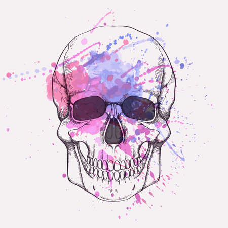 Vector grunge illustration of human skull with watercolor splashのイラスト素材