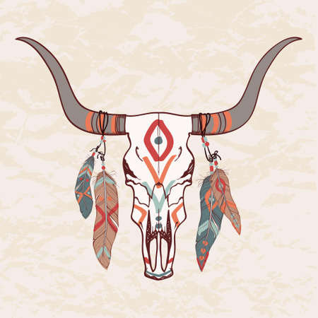 Vector illustration of bull skull with feathersのイラスト素材