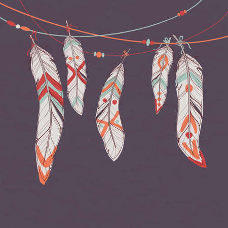 Vector colorful set of ethnic decorative feathers hanging on threadsのイラスト素材