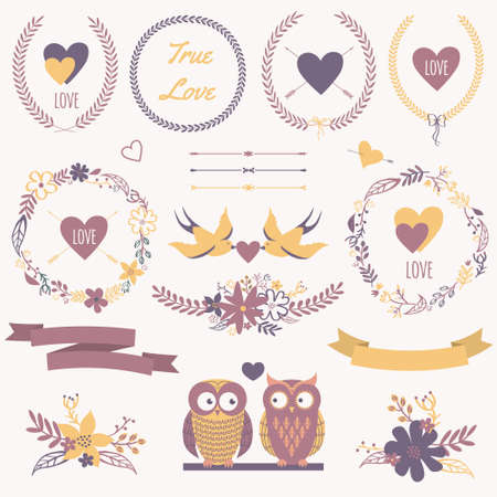 Vector romantic set with bouquets, birds, hearts, arrows, ribbons, wreaths, flowers, bows, laurel and owls in love. Can be used for Valentine's Day or weddingのイラスト素材
