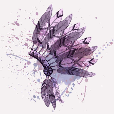 Vector illustration of native american indian chief headdress with feathers on watercolor splash backgroundのイラスト素材