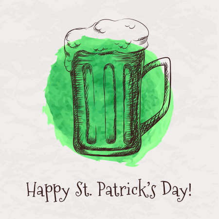 Vector colorful illustration of hand drawn sketch of beer mug for St. Patrick's Day with green watercolor splashのイラスト素材