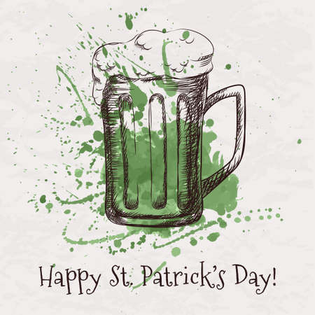 Vector colorful illustration of hand drawn sketch of beer mug for St. Patrick's Day with green watercolor splashのイラスト素材
