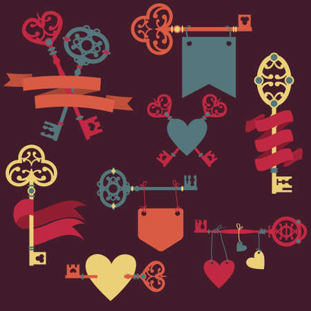 Vector set with vintage keys, ribbons and hearts. Can be used for wedding, Valentine's Day greeting cards, invitations.のイラスト素材