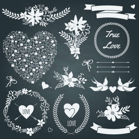 Vector wedding set with bouquets, birds, hearts, arrows, ribbons, wreaths, flowers, bows, laurel.のイラスト素材