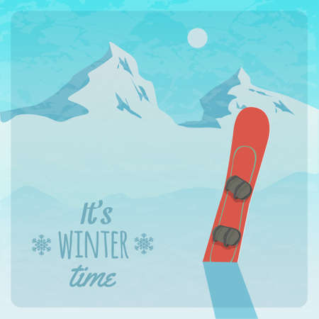 Vector retro illustration with snowy mountains and snowboardのイラスト素材