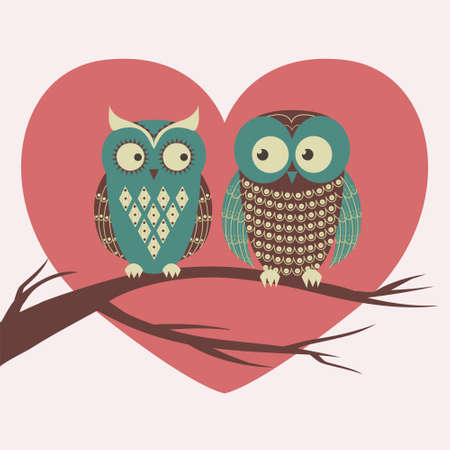 Vector colorful illustration with two owls in love sitting on a branch. Can be used for Valentine's Day, wedding.のイラスト素材