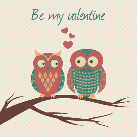 Vector colorful illustration with two owls in love sitting on a branch. Can be used for Valentine's Day, wedding.のイラスト素材
