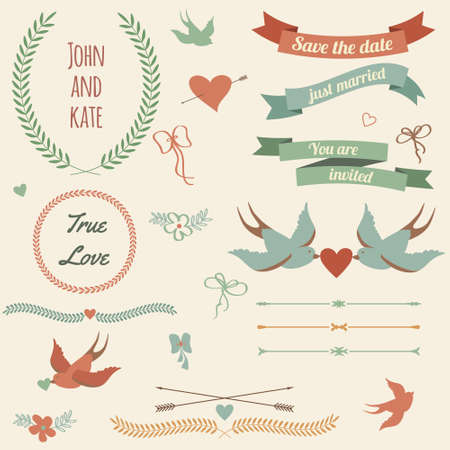 Vector wedding set with birds, hearts, arrows, ribbons, wreaths, flowers, bows, laurel. Vector wedding set with birds, hearts, arrows, ribbons, wreaths, flowers, bows, laurel.