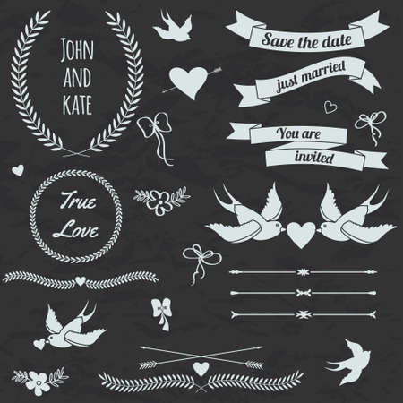 Vector wedding set with birds, hearts, arrows, ribbons, wreaths, flowers, bows, laurel.のイラスト素材