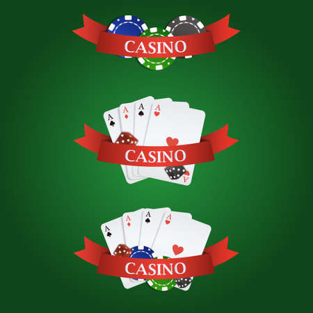 Vector casino elements: ribbon, playing cards, dices and chips on green backgroundのイラスト素材