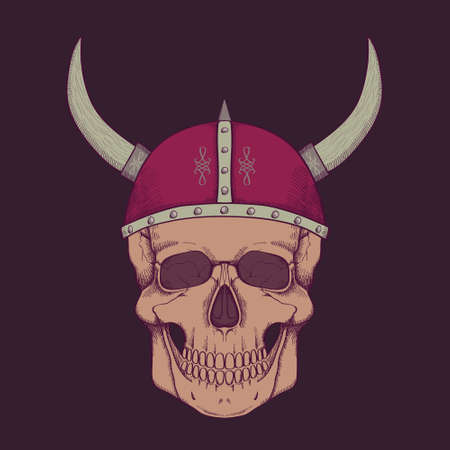 Vector illustration with human skull wearing viking helmetのイラスト素材