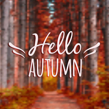 Vector blurred autumn landscape background with typography text "Hello Autumn"のイラスト素材