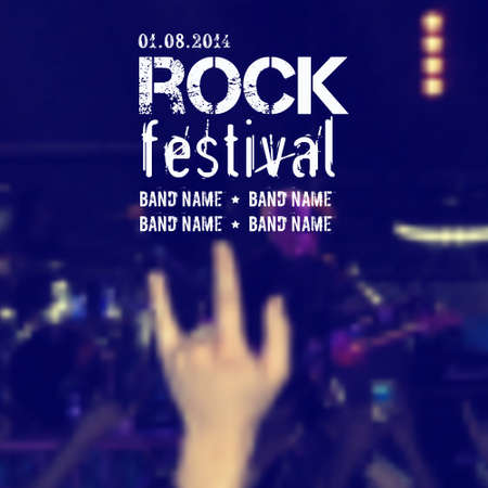 Vector blurred background with rock stage and crowd. Rock concert design template with hand and place for text.のイラスト素材