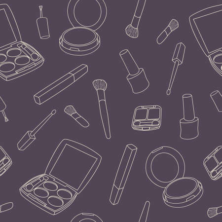 Vector seamless make up pattern with brushes, eyeshadow palette, face powder, nail polish.のイラスト素材