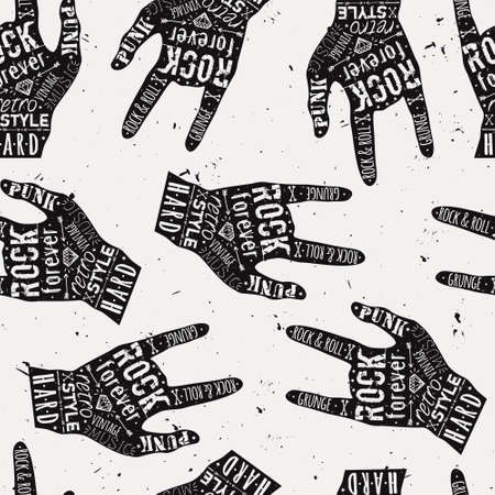 Vector seamless grunge pattern with vintage hand labels, diamonds, bones, arrows, stars and typography elements. Rock and roll style.のイラスト素材