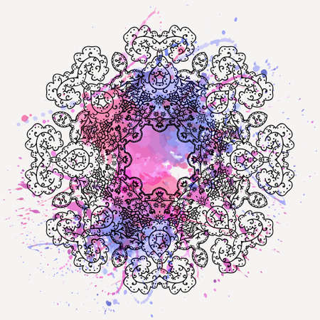 Vector illustration of round floral ornament with watercolor splashのイラスト素材