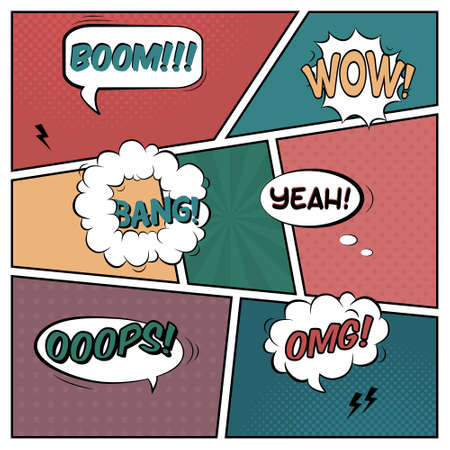 Vector colorful template of comic book page with various speech bubbles, rays, stars, dots, halftone backgroundのイラスト素材
