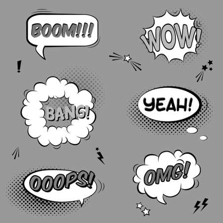 Vector black and white set with comic speech bubbles with sound effects, stars and halftone shadowsのイラスト素材