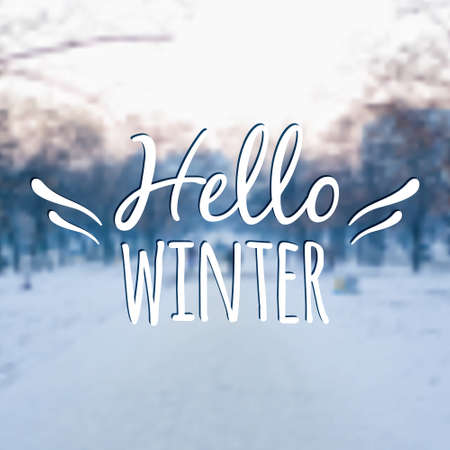 Vector blurred winter landscape background with typography text "Hello Winter"のイラスト素材