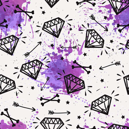 Vector seamless grunge pattern with vintage diamonds, bones, arrows, stars and watercolor splashes. Rock and roll style.のイラスト素材
