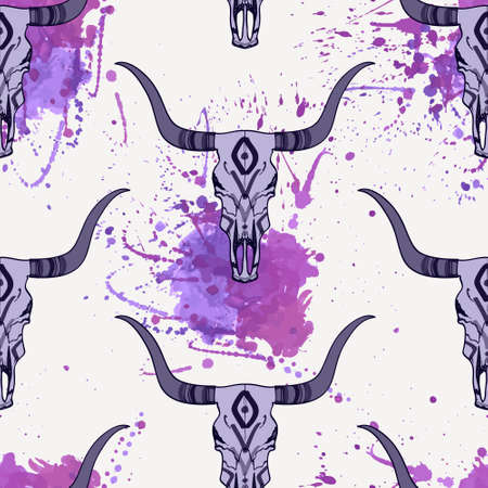 Vector seamless pattern with bull skull with ethnic ornament and watercolor splashesのイラスト素材